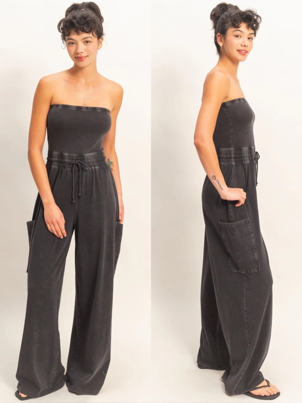 NEW Double Zero Black Mineral Wash Strapless Wide-Leg Jumpsuit Size Large